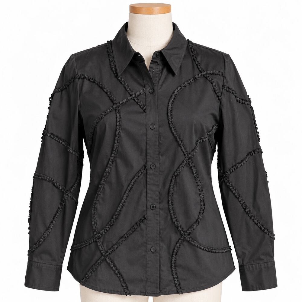 Women's Black Ruffle Trim Button Down Blouse Size 12 Cotton